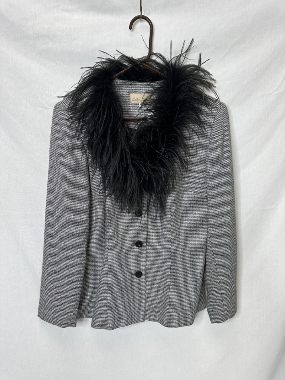 Tailored Gray Houndstooth Blazer with Removable Black Feather Collar